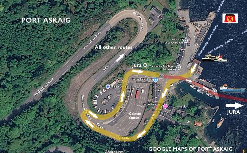 The ferry queue lines at Port Askaig